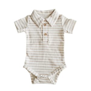 Romper korte mouw - Polo rib streep beige