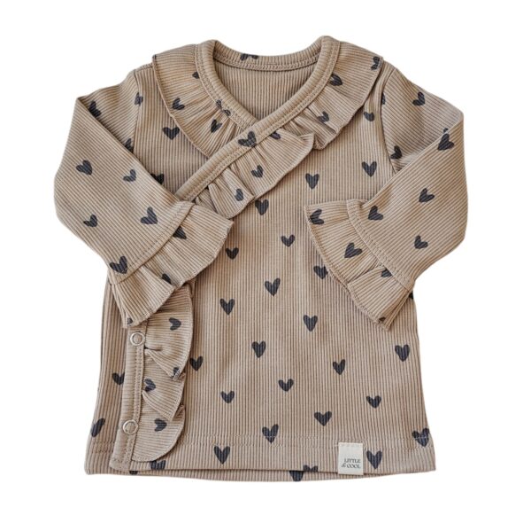 Longsleeve - overslag ruffle hartjes dark beige